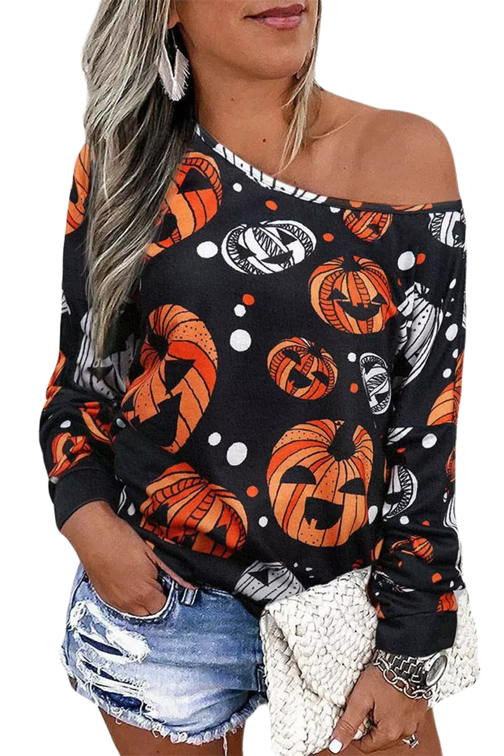 TastyHottie - One Shoulder Jack-O'-Lantern Graphic Sweatshirt