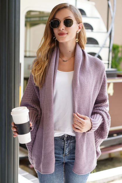 Double Take Dolman Sleeve Open Front Ribbed Trim Longline Cardigan Purple One Size cardigan cardigans clothes Double Take Ship From Overseas sweaters