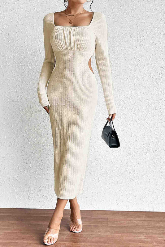 TastyHottie - Square Neck Long Sleeve Cutout Knit Dress