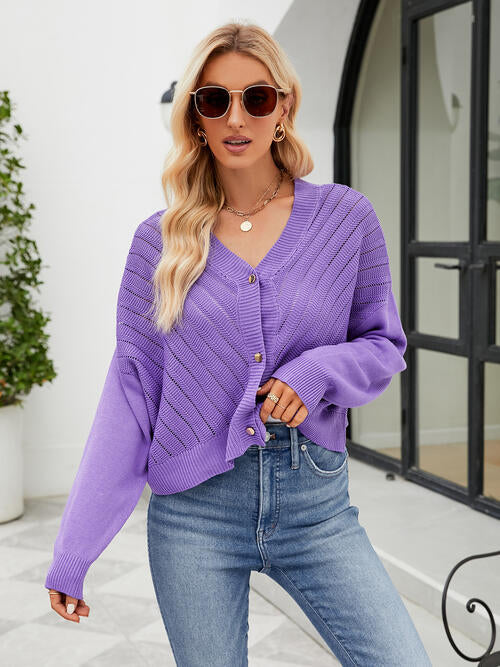 Eyelet Button Front Long Sleeve Sweater Cardigan Purple cardigan cardigans clothes Ship From Overseas Sweater sweaters X.X.W