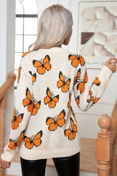 TastyHottie - Butterfly Round Neck Long Sleeve Butterfly Sweater