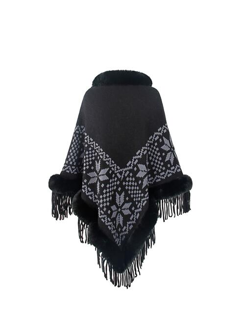 Fringe Geometric Cape Sleeve Poncho Black One Size christmas sweater clothes Drizzle poncho Ship From Overseas Sweater sweaters