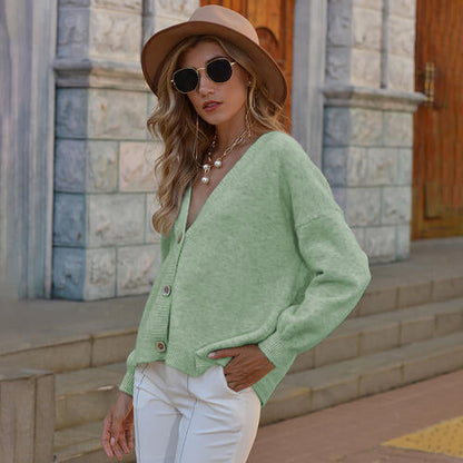 Button Up V-Neck Long Sleeve Sweater Cardigan Light Green cardigan cardigans clothes Romantichut Ship From Overseas sweater sweaters Sweatshirt