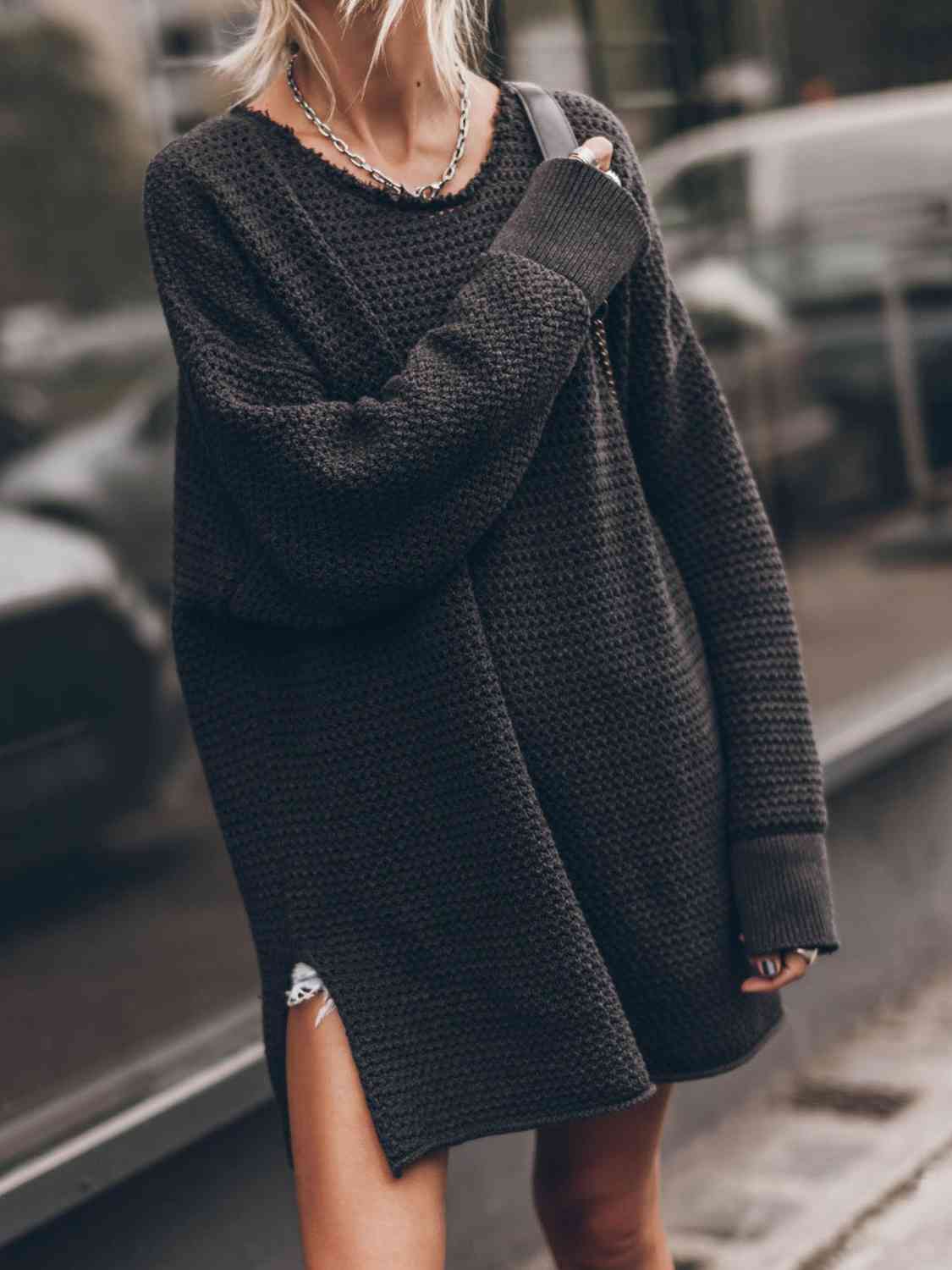 Openwork Round Neck Long Sleeve Slit Oversized Fashion Sweater Black A@Y@M clothes Ship From Overseas sweater sweaters Sweatshirt