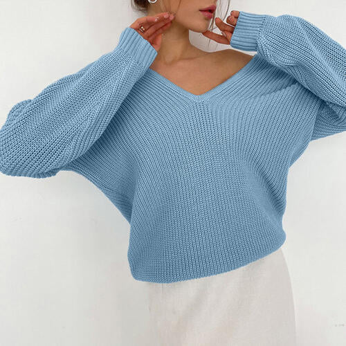 TastyHottie - V-Neck Dropped Shoulder Long Sleeve Sweater