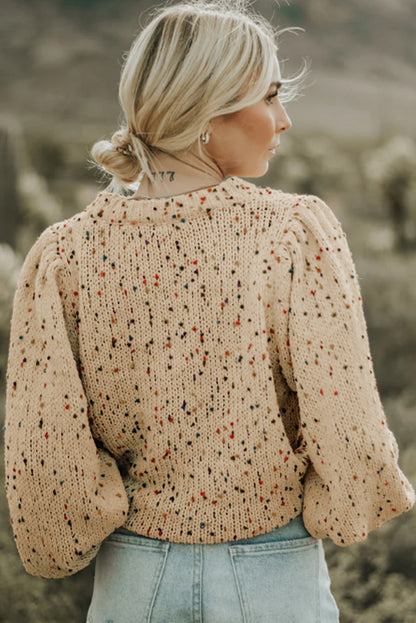 TastyHottie - Light French Beige Colorful Dots Cable Knit Crew Neck Long Sleeve Sweater