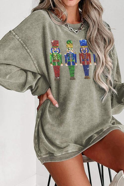 TastyHottie - Sequin Nutcracker Drop Shoulder Holiday Sweatshirt