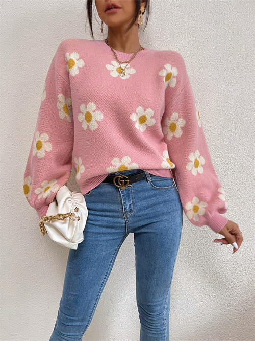 TastyHottie - Flower Round Neck Latern Sleeve Sweater