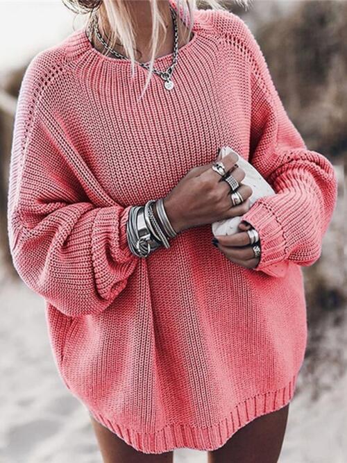 Round Neck Drop Shoulder Sweater Coral A@Y@M clothes Ship From Overseas sweater sweaters Sweatshirt