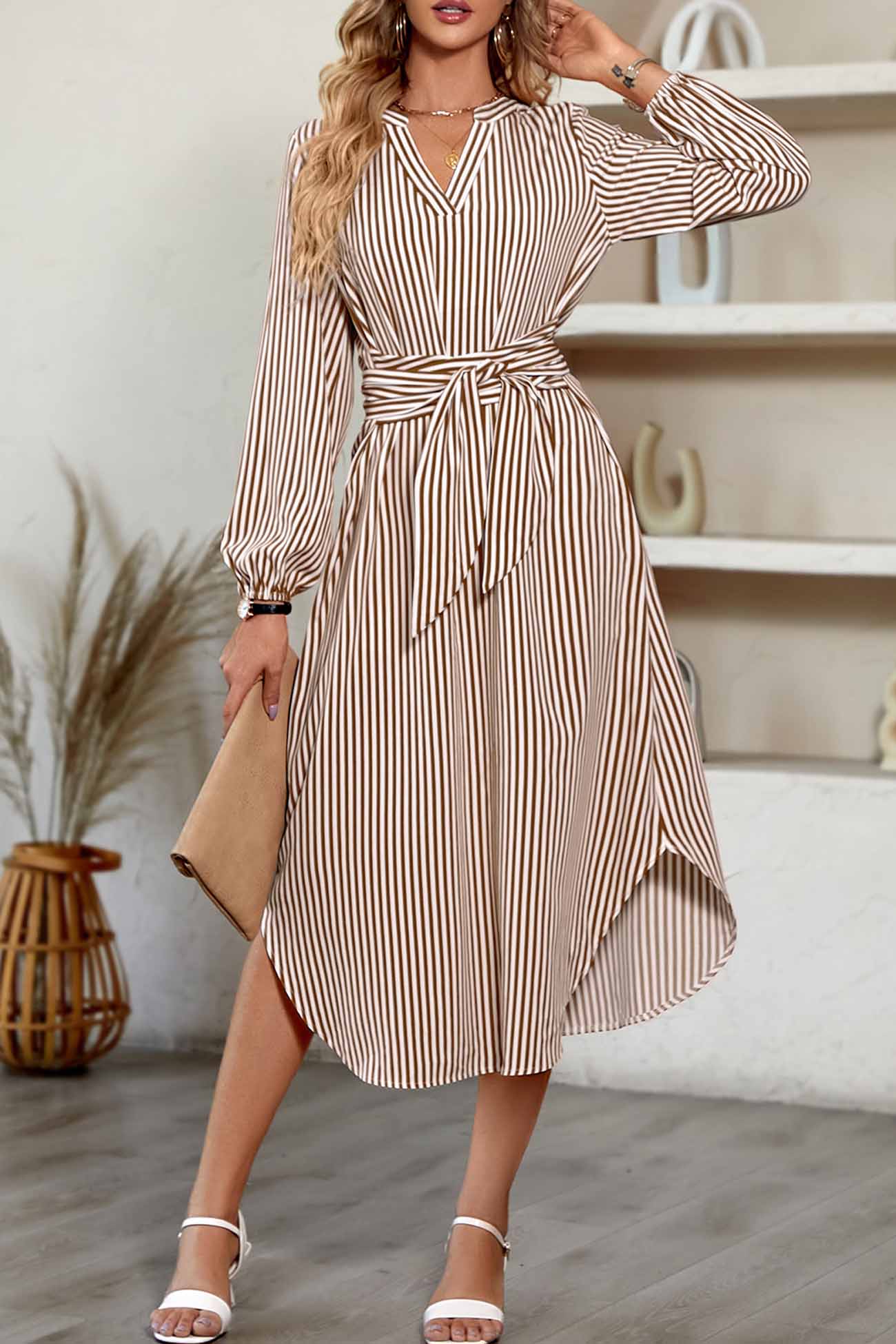 TastyHottie - V Neck Striped Tie Waist Long Sleeve Midi Dress