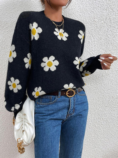 Flower Round Neck Latern Sleeve Sweater Black clothes Ship From Overseas sweater sweaters Sweatshirt X.W