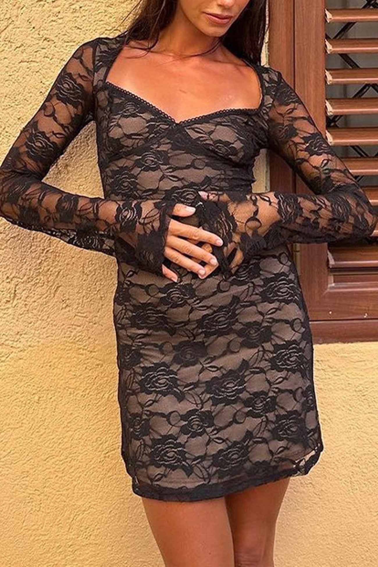 TastyHottie - Lace Cutout Long Sleeve Mini Dress