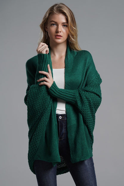 Double Take Dolman Sleeve Open Front Ribbed Trim Longline Cardigan Green One Size cardigan cardigans clothes Double Take Ship From Overseas sweaters