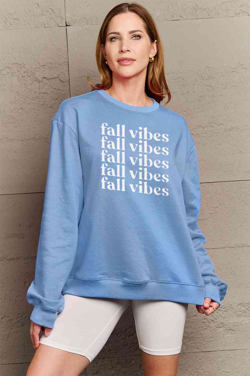 Simply Love Full Size FALL VIBES Graphic Sweatshirt Pastel Blue clothes Ship From Overseas Shipping Delay 09/29/2023 - 10/04/2023 Simply Love sweater sweaters Sweatshirt