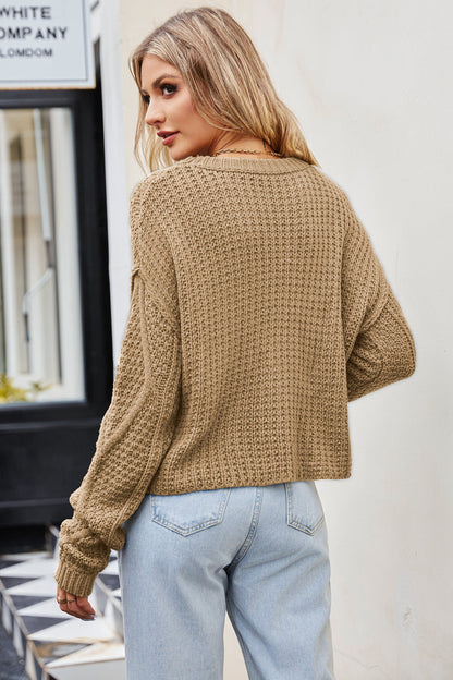 TastyHottie - Cable-Knit Round Neck Dropped Shoulder Sweater