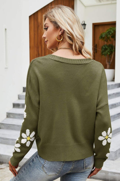 TastyHottie - Floral Ribbed Trim Drop Shoulder Cardigan