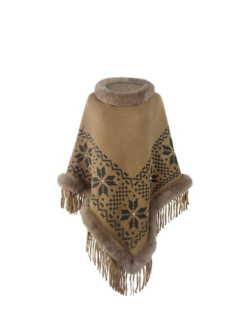 Fringe Geometric Cape Sleeve Poncho Khaki One Size christmas sweater clothes Drizzle poncho Ship From Overseas Sweater sweaters