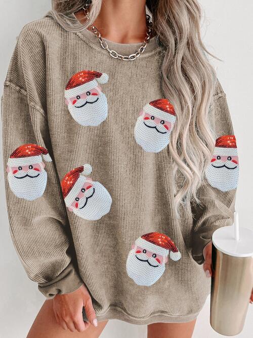 Sequin Santa Patch Ribbed Sweatshirt, Christmas Sweater Camel christmas sweater clothes Ship From Overseas Sweater sweaters SYNZ