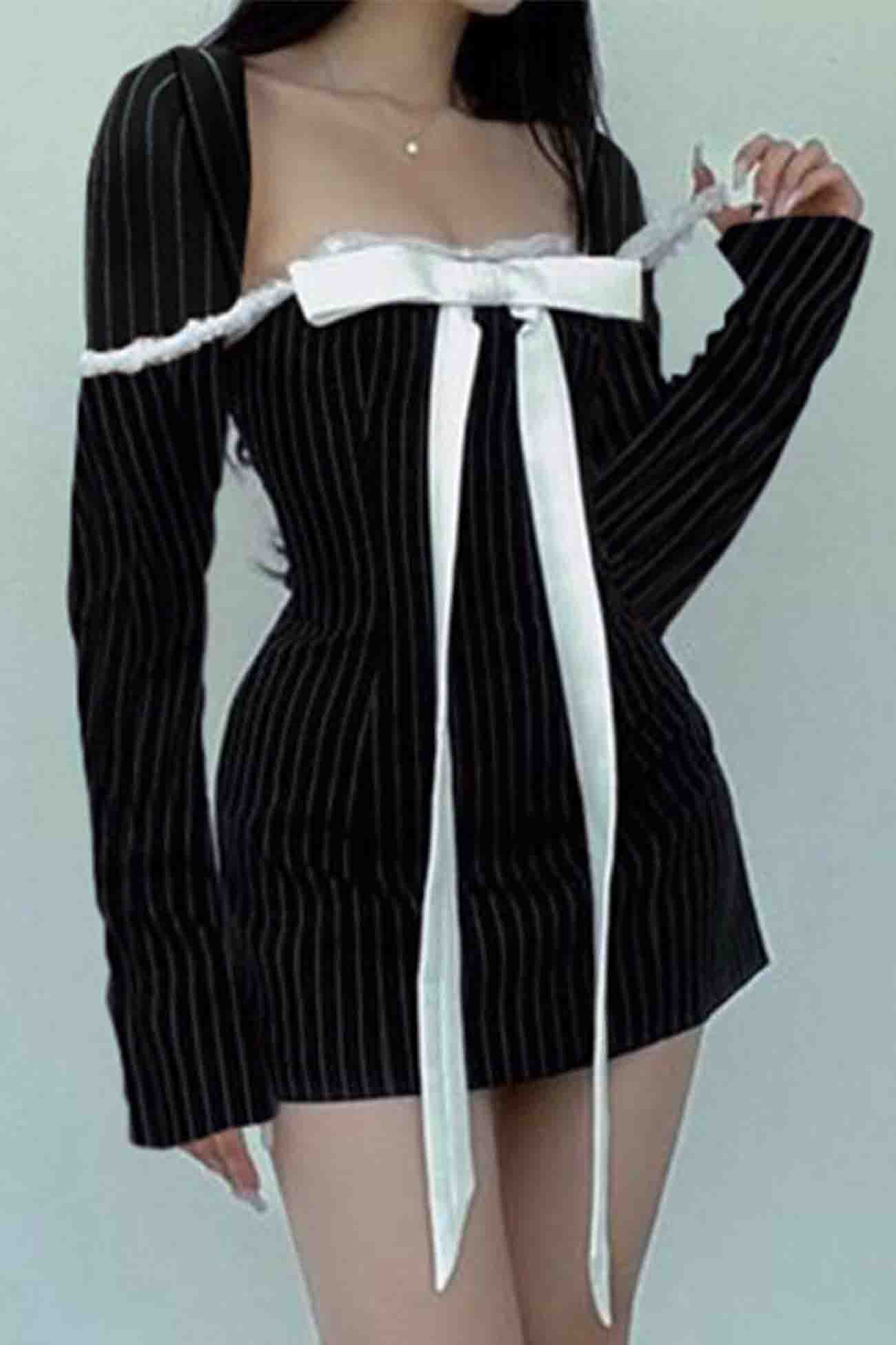 TastyHottie - Square Neck Bow Tie Striped Long Sleeve Mini Dress