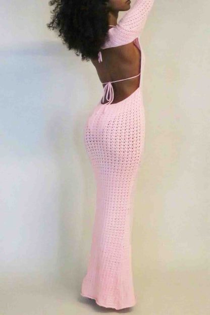 TastyHottie - Hollow Out Long Sleeve Backless Knitted Midi Dress