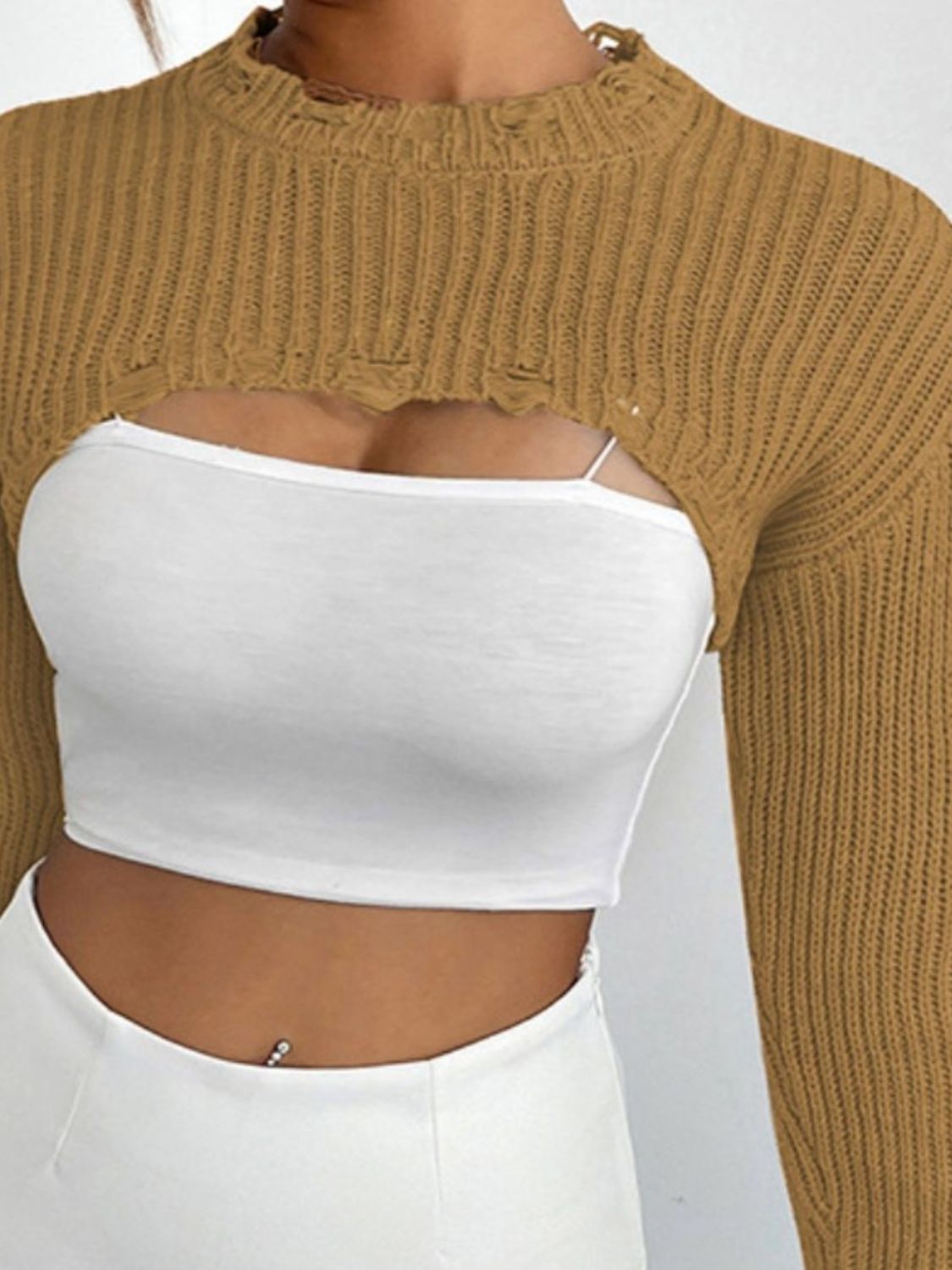 TastyHottie - Distressed Long Sleeve Cropped Sweater