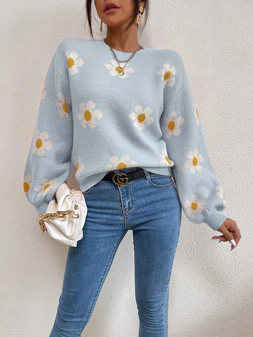 TastyHottie - Flower Round Neck Latern Sleeve Sweater