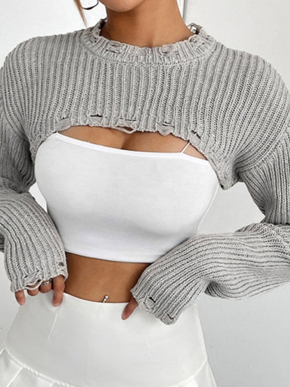 TastyHottie - Distressed Long Sleeve Cropped Sweater