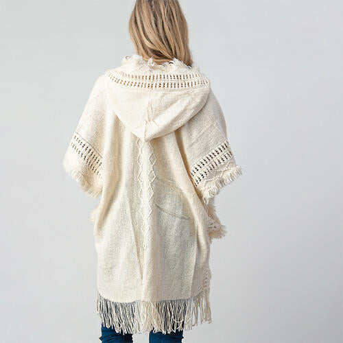 TastyHottie - Fringed Crochet Buttoned Hooded Throw Over Poncho