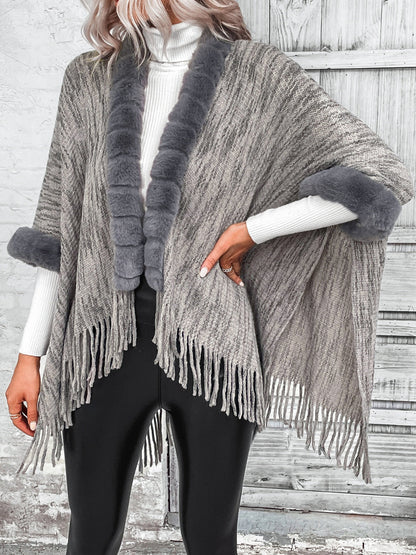 TastyHottie - Open Front Fringe Hem Faux Fur Poncho