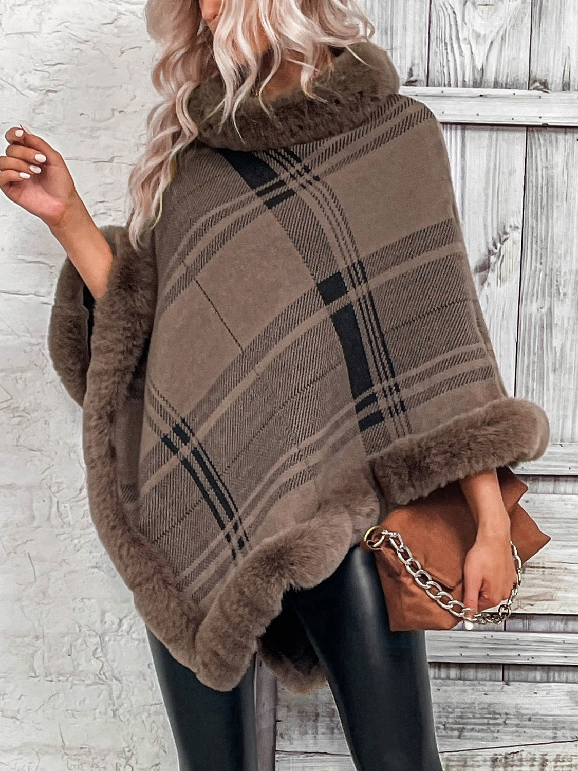 TastyHottie - Plaid Faux Fur Trim Fashion Poncho Sweater