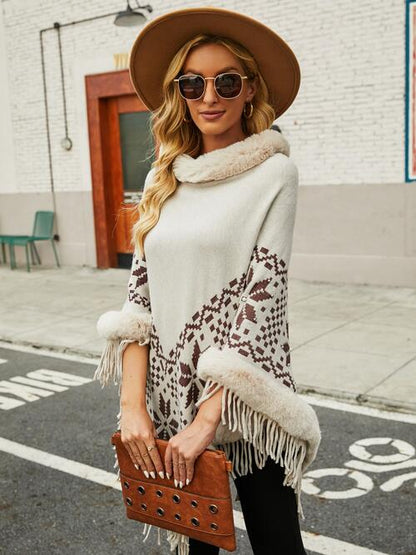 TastyHottie - Fringe Geometric Cape Sleeve Poncho