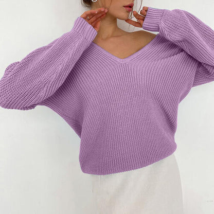 TastyHottie - V-Neck Dropped Shoulder Long Sleeve Sweater