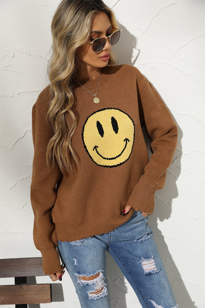 TastyHottie - Round Neck Long Sleeve Smily Face Graphic Sweater