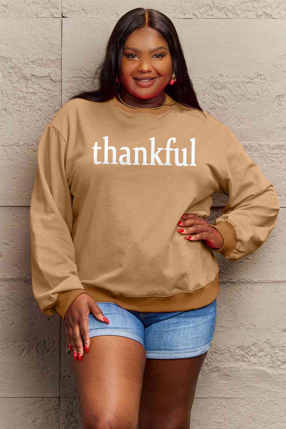 Simply Love Full Size THANKFUL Graphic Sweatshirt Tan clothes Ship From Overseas Shipping Delay 09/29/2023 - 10/04/2023 Simply Love sweater sweaters