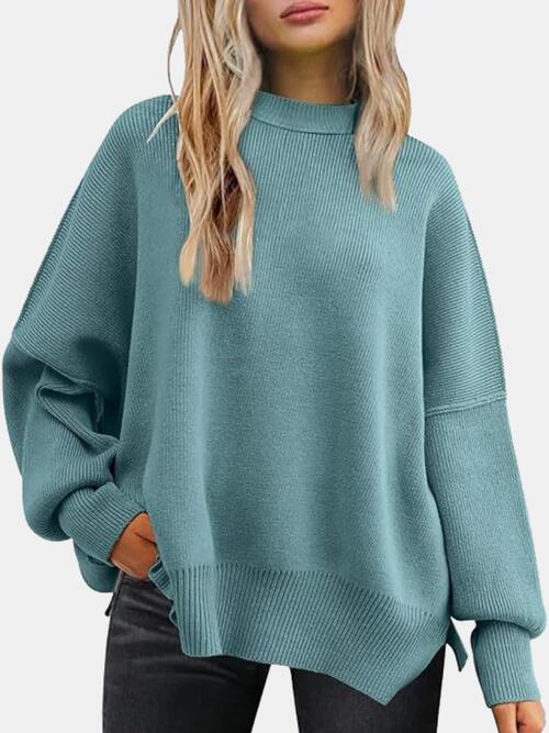 Round Neck Drop Shoulder Slit Sweater Turquoise clothes R.T.S.C Ship From Overseas Sweater sweaters Sweatshirt