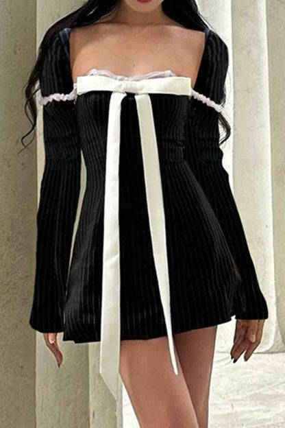 TastyHottie - Square Neck Bow Tie Striped Long Sleeve Mini Dress