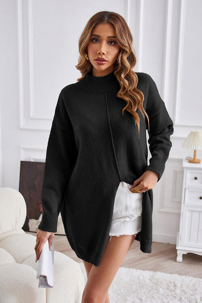 TastyHottie - Exposed Seam Mock Neck Slit Sweater