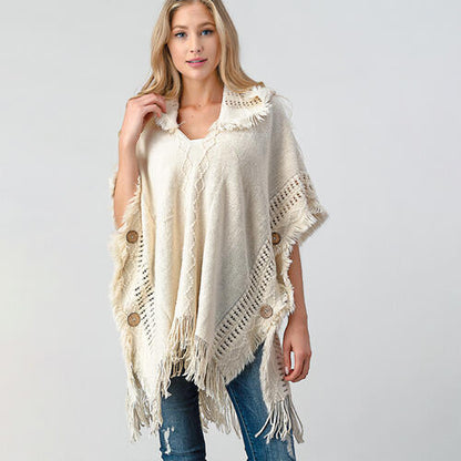 TastyHottie - Fringed Crochet Buttoned Hooded Throw Over Poncho