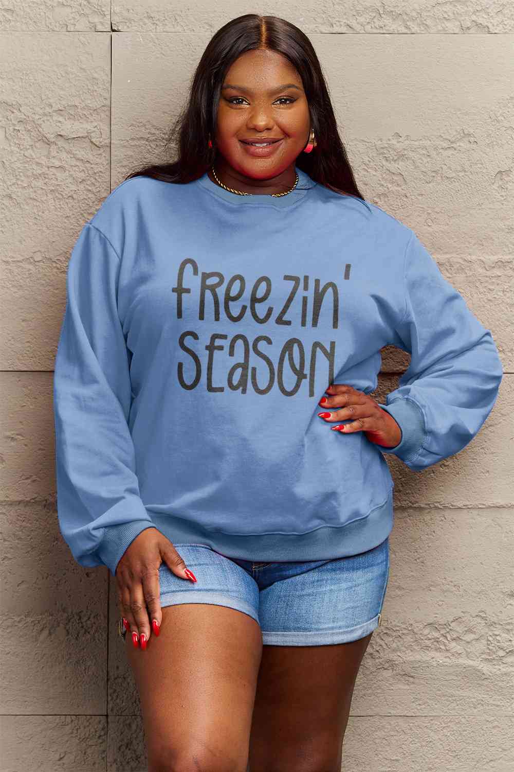 Simply Love Full Size FREEZIN' SEASON Graphic Sweatshirt Misty Blue clothes Ship From Overseas Simply Love sweater sweaters