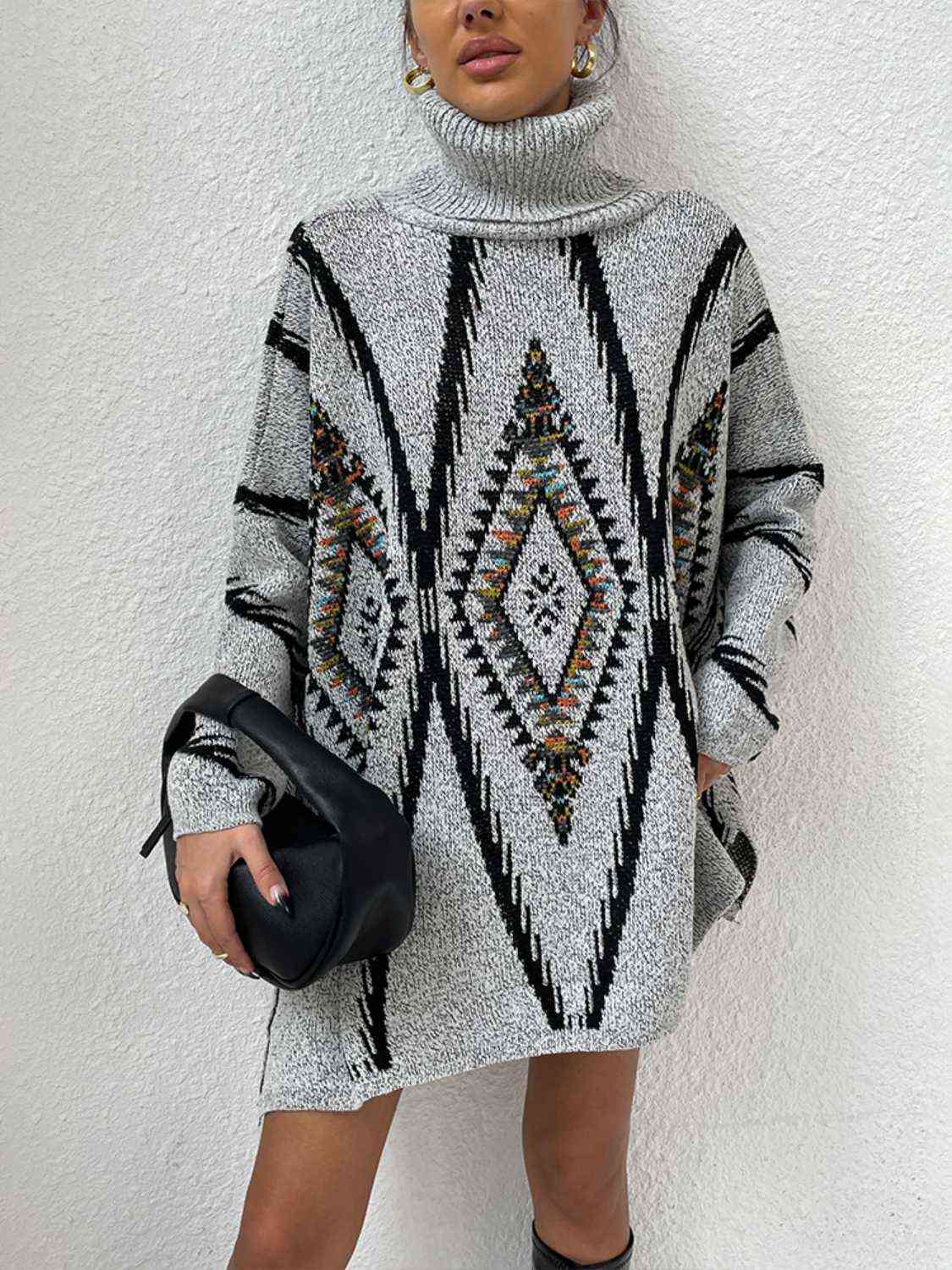 TastyHottie - Turtleneck Slit Geometric Sweater