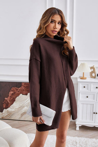 TastyHottie - Exposed Seam Mock Neck Slit Sweater