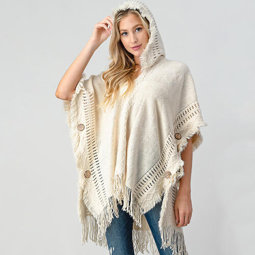 Fringed Crochet Buttoned Hooded Throw Over Poncho Sand clothes Romantichut Ship From Overseas sweater sweaters