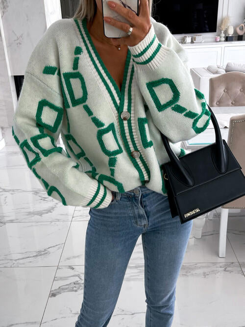 TastyHottie - Geometric Dropped Shoulder Button Down Sweater Cardigan