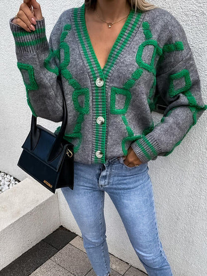 TastyHottie - Geometric Dropped Shoulder Button Down Sweater Cardigan