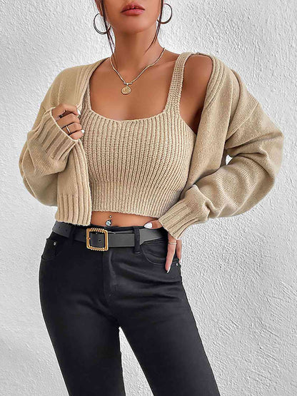 Plain Sweater Cami and Cardigan Set Tan cardigan cardigans clothes sets Ship From Overseas sweater sweaters Y.M