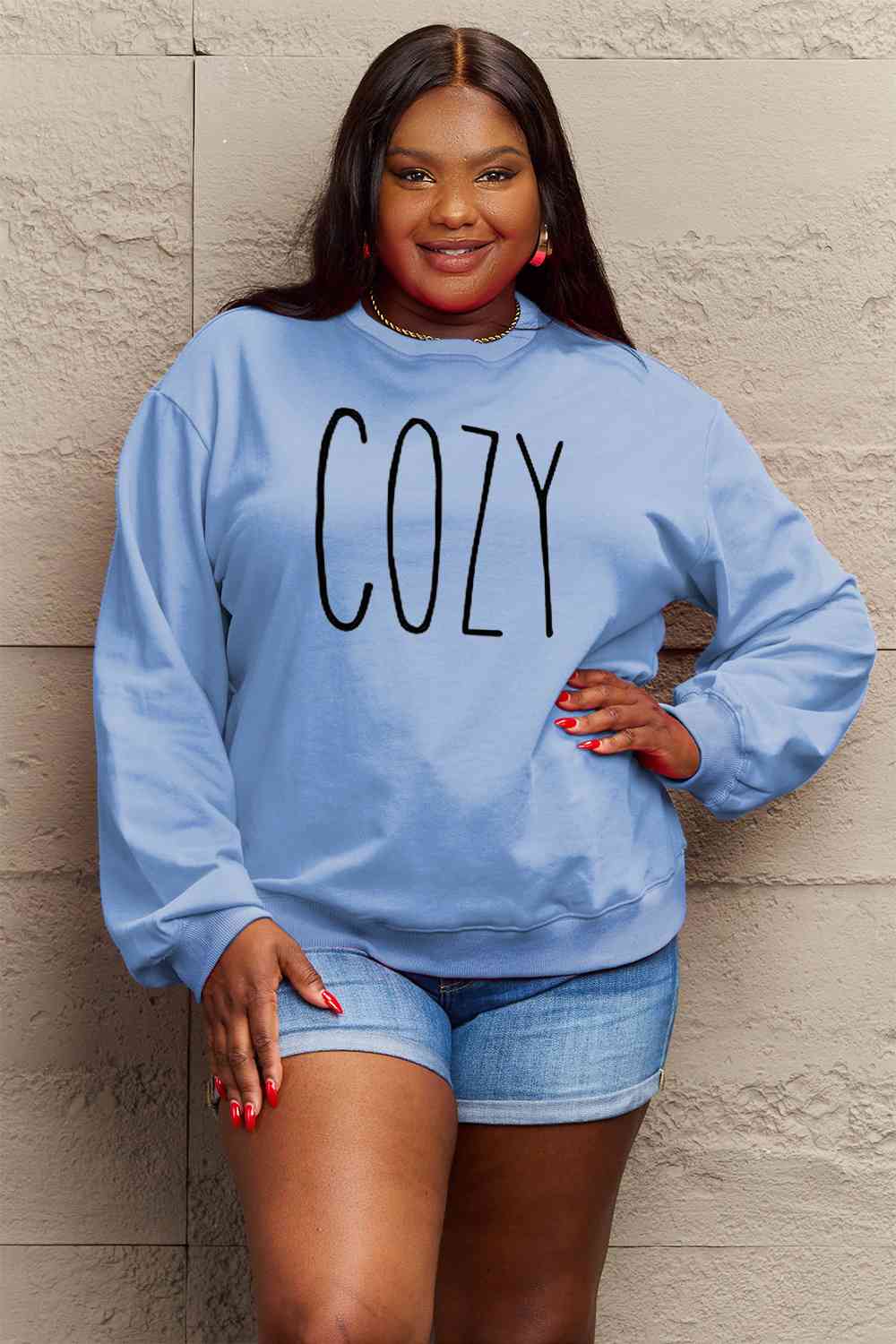 Simply Love Full Size COZY Graphic Sweatshirt Pastel Blue clothes Ship From Overseas Shipping Delay 09/29/2023 - 10/04/2023 Simply Love sweater sweaters