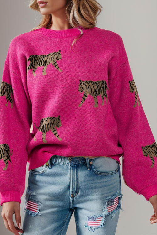 TastyHottie - Tiger Pattern Round Neck Drop Shoulder Sweater