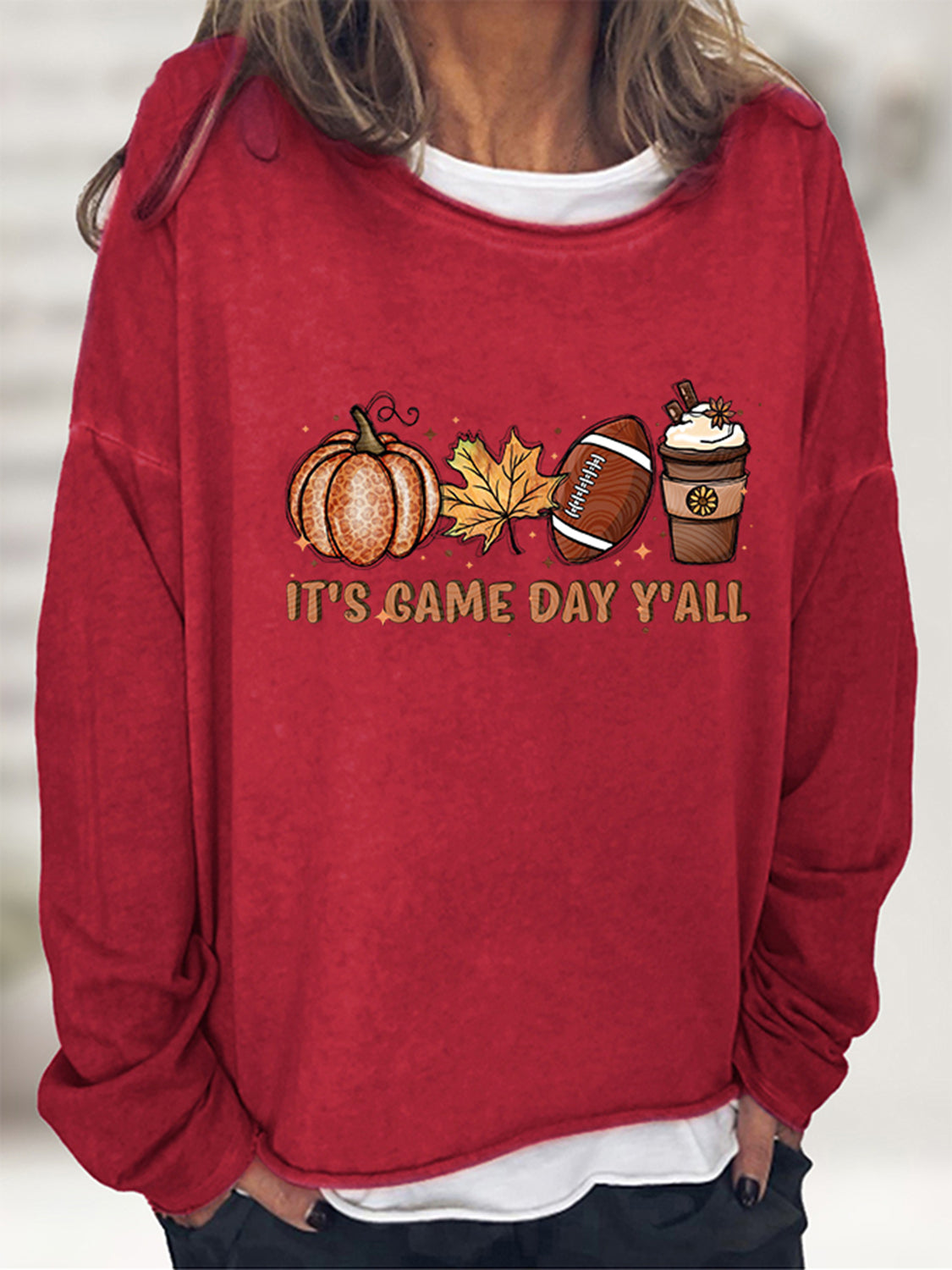 Full Size IT'S GAME DAY Y'ALL Graphic Sweatshirt Brick Red clothes G@L@X long sleeve long sleeve shirt Ship From Overseas Shipping Delay 09/29/2023 - 10/04/2023 Sweater sweaters trend