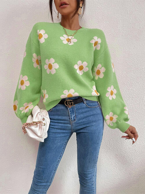 Flower Round Neck Latern Sleeve Sweater Mid Green clothes Ship From Overseas sweater sweaters Sweatshirt X.W