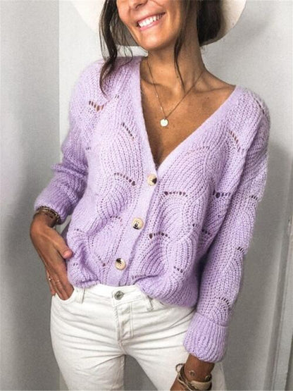 TastyHottie - Openwork Button Up Long Sleeve Cardigan